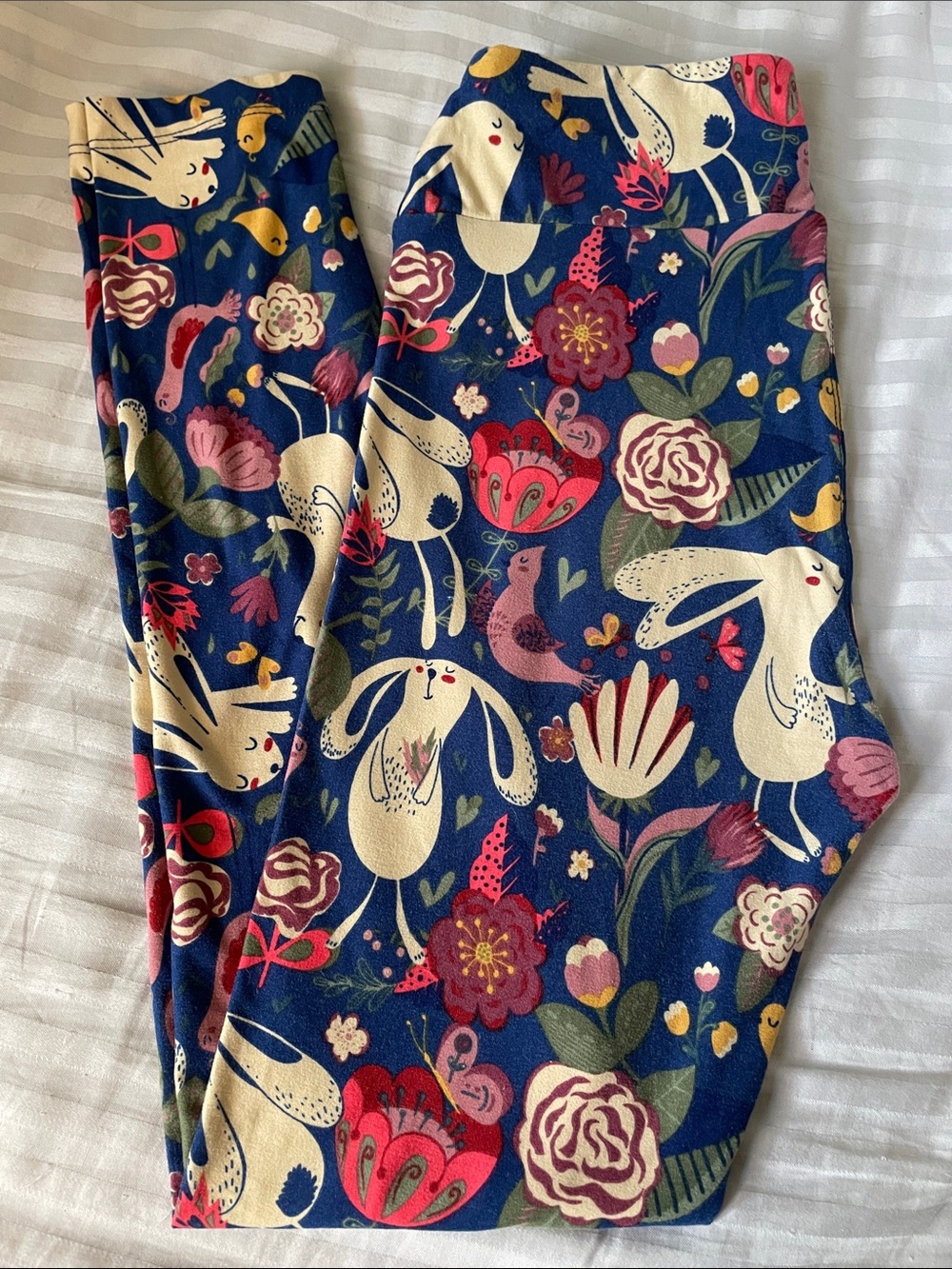 BOGO LuLaRoe Leggings Blue Floral & Bunny Rabbits Easter whimsical